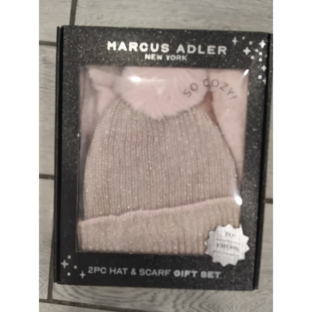 Marcus Adler New York 2pc Hat Scarf Gift Set Glittery Pink Faux Fur Pom Pom Cozy